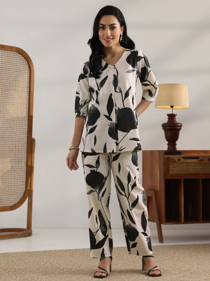 Libas Off White Printed Cotton Straight Co-Ord Sets