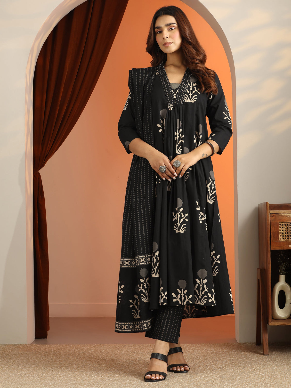 Libas Black Printed Cotton A-Line Suit Set With Dupatta