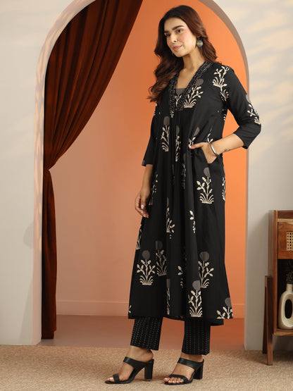 Libas Black Printed Cotton A-Line Suit Set With Dupatta