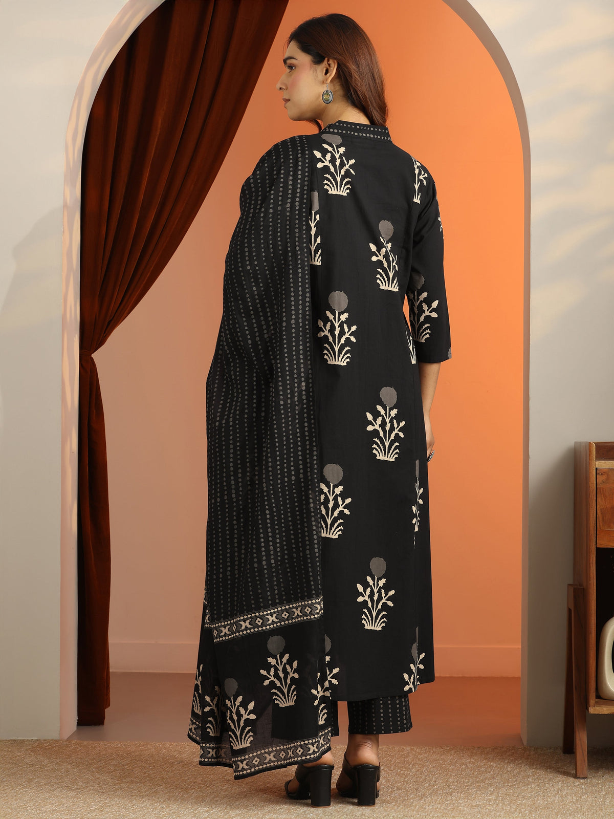 Libas Black Printed Cotton A-Line Suit Set With Dupatta