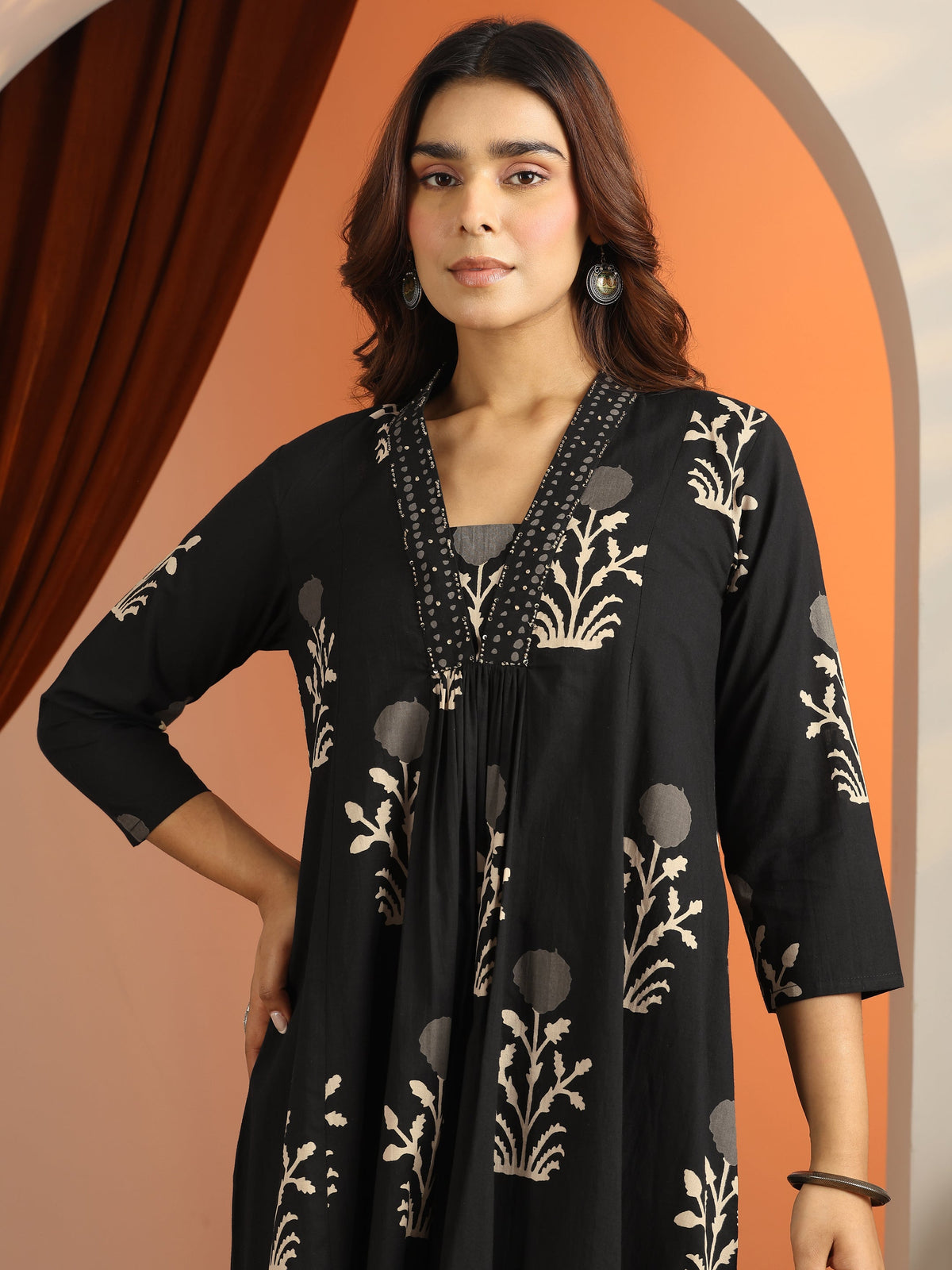 Libas Black Printed Cotton A-Line Suit Set With Dupatta