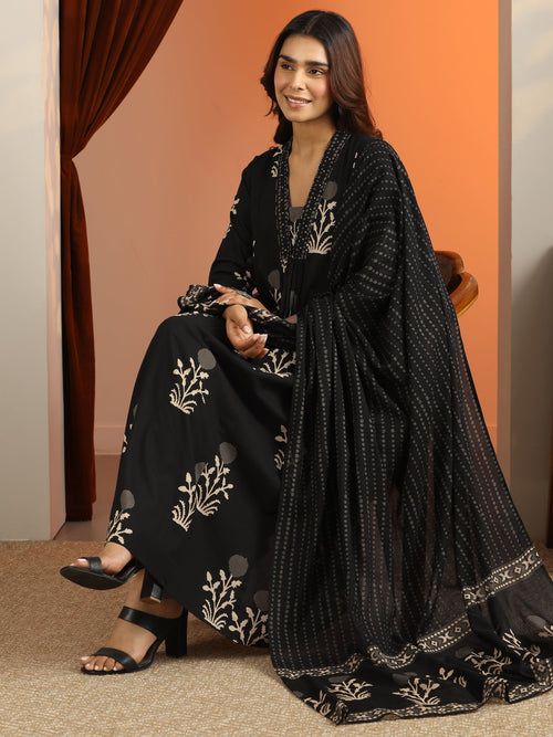 Libas Black Printed Cotton A-Line Suit Set With Dupatta