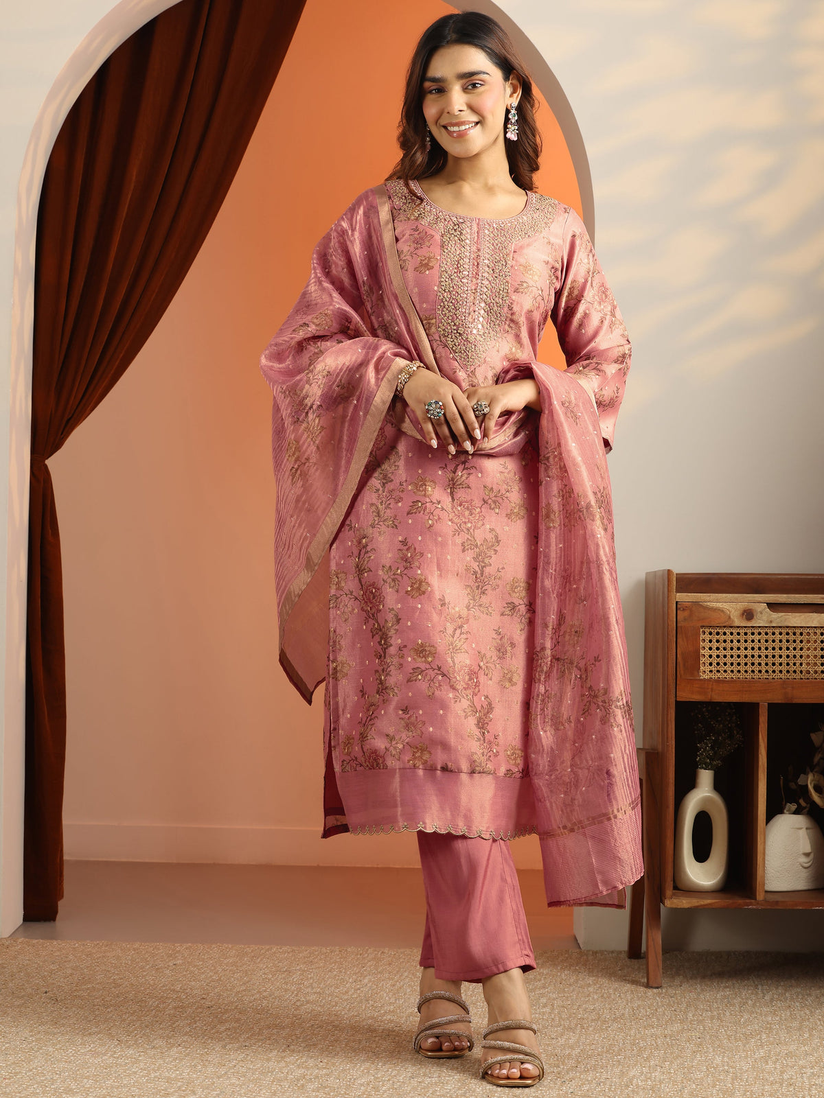 Libas Peach Printed Silk Blend Straight Suit Set With Dupatta