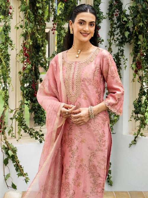 Libas Peach Printed Silk Blend Straight Suit Set With Dupatta