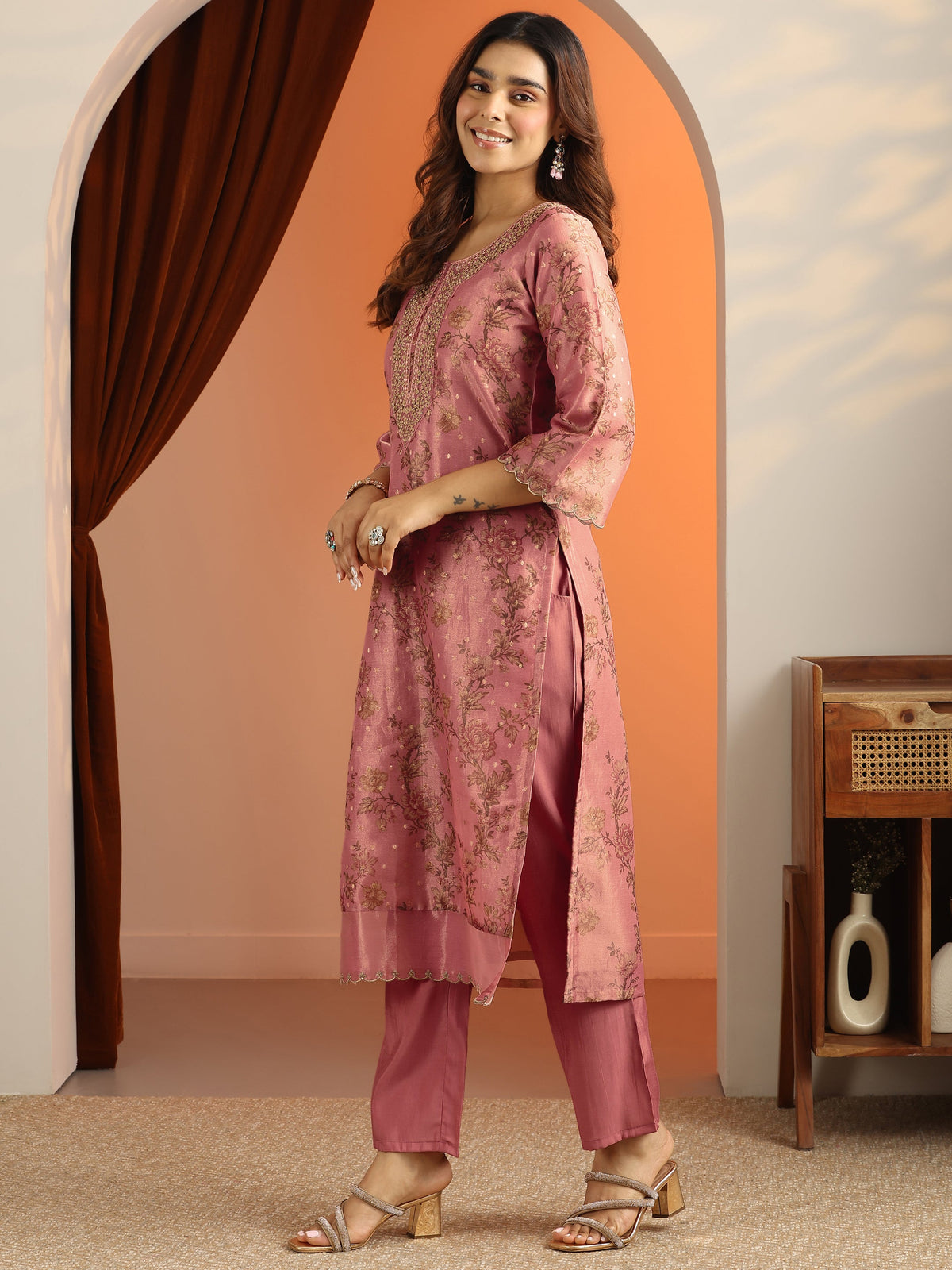 Libas Peach Printed Silk Blend Straight Suit Set With Dupatta