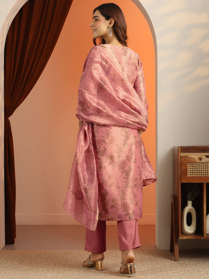 Libas Peach Printed Silk Blend Straight Suit Set With Dupatta