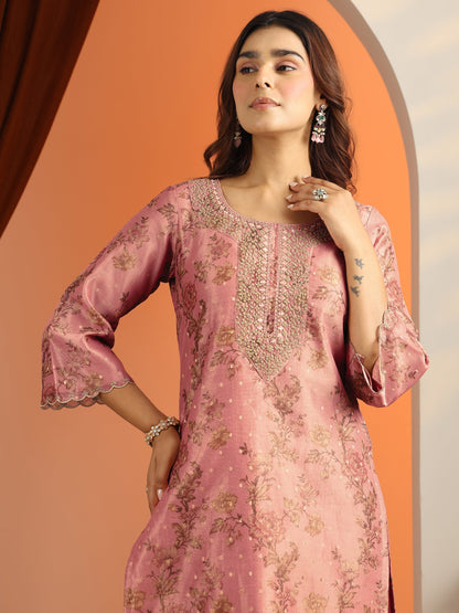 Libas Peach Printed Silk Blend Straight Suit Set With Dupatta
