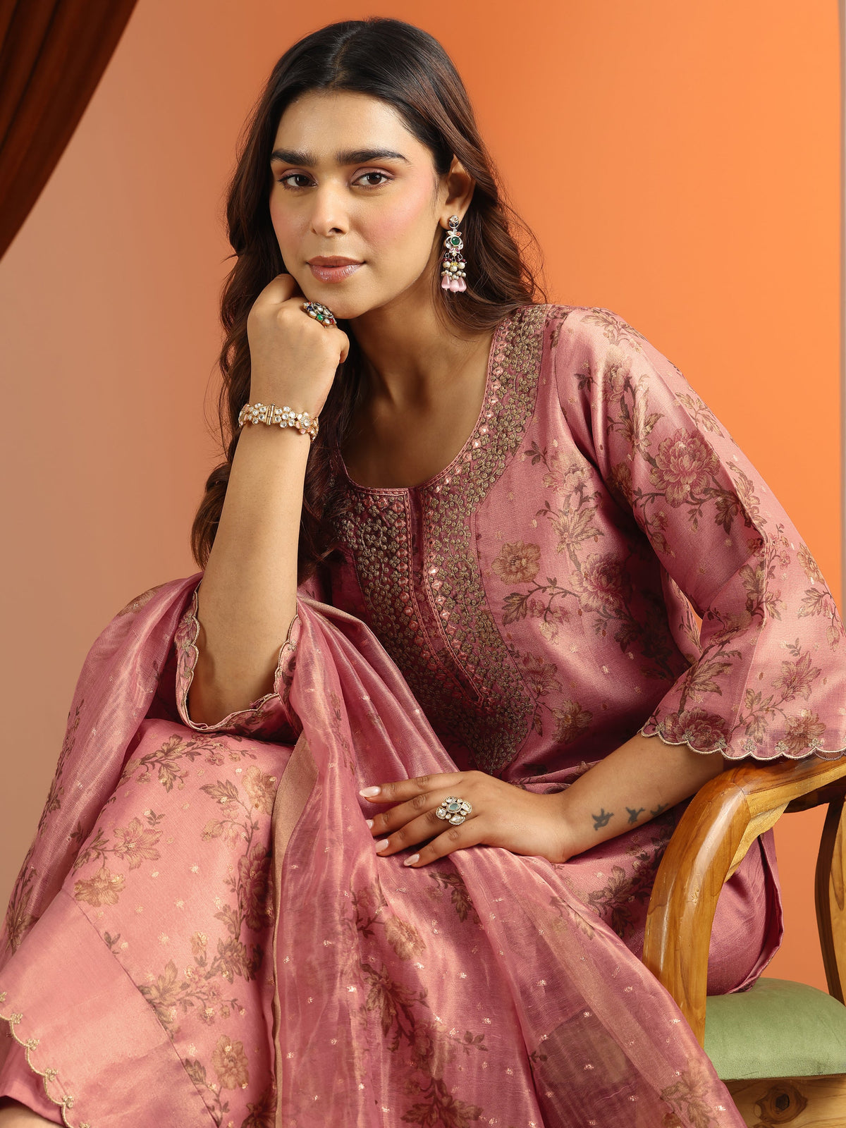 Libas Peach Printed Silk Blend Straight Suit Set With Dupatta