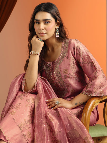 Libas Peach Printed Silk Blend Straight Suit Set With Dupatta