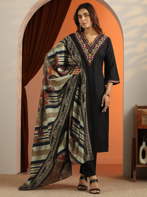 Libas Black Embroidered Rayon Straight Suit Set With Dupatta