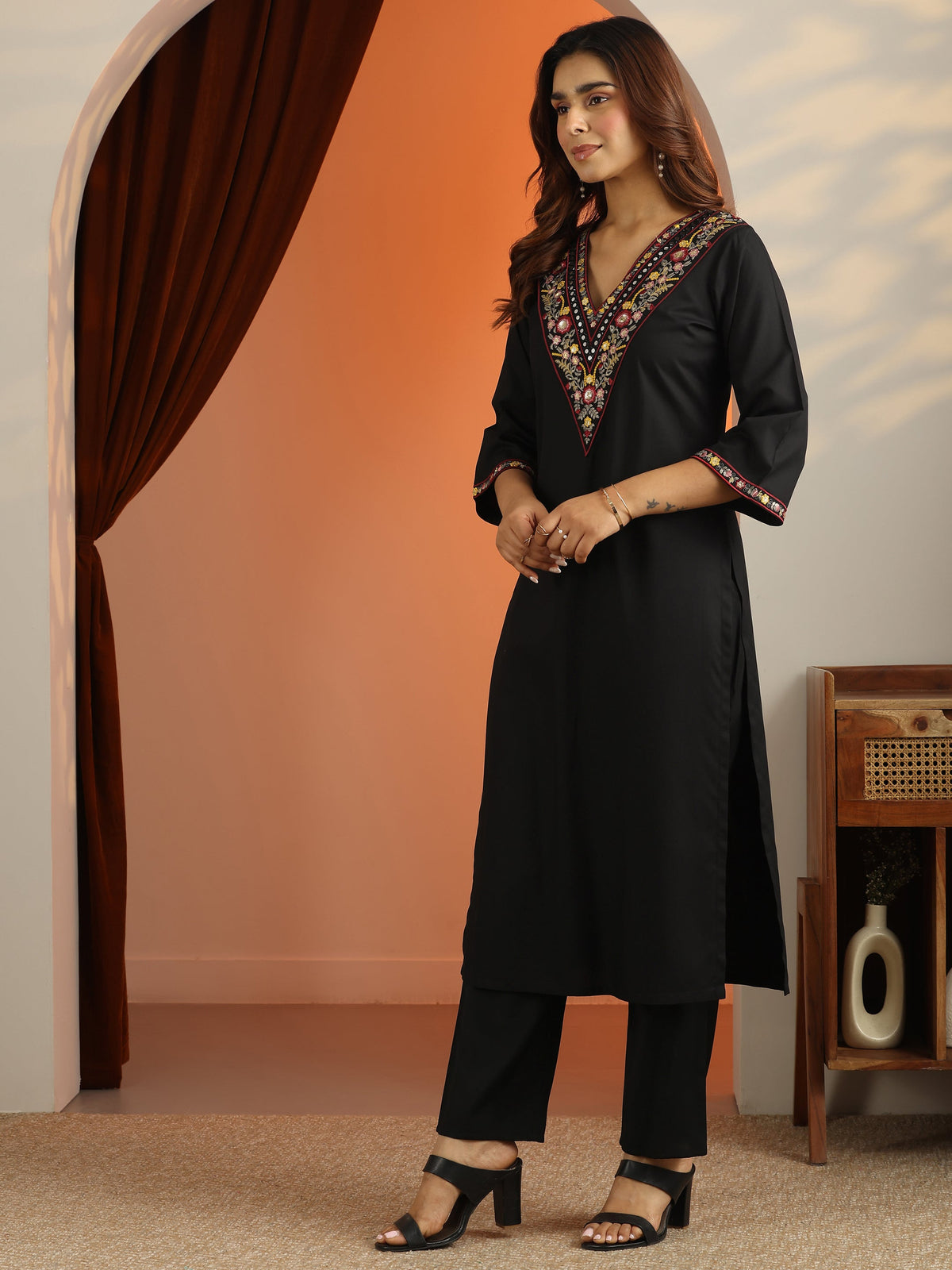 Libas Black Embroidered Rayon Straight Suit Set With Dupatta