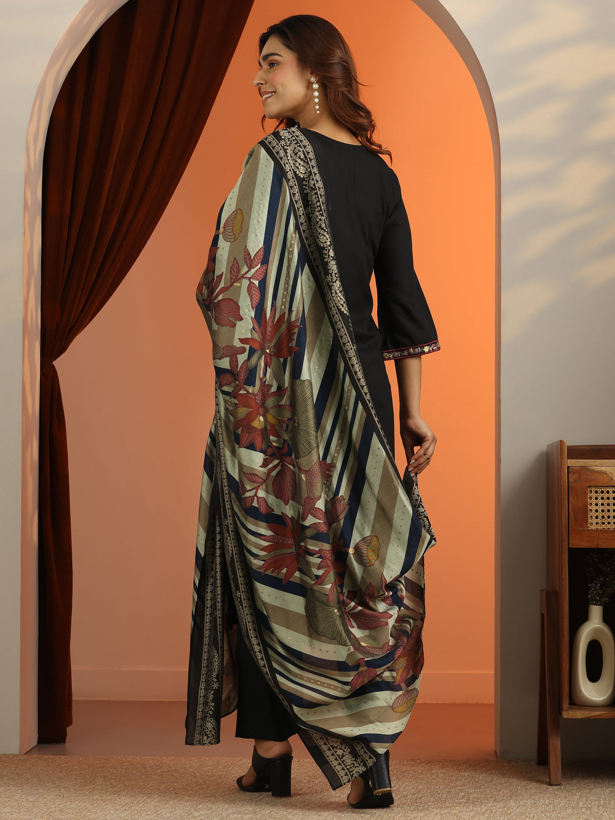 Libas Black Embroidered Rayon Straight Suit Set With Dupatta