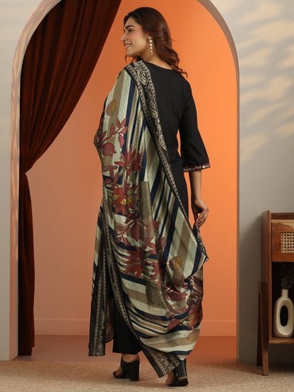 Libas Black Embroidered Rayon Straight Suit Set With Dupatta