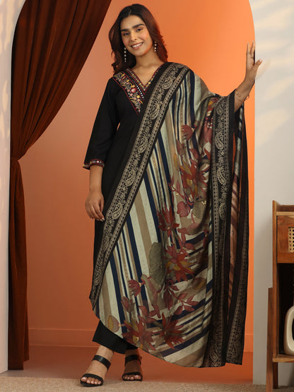Libas Black Embroidered Rayon Straight Suit Set With Dupatta