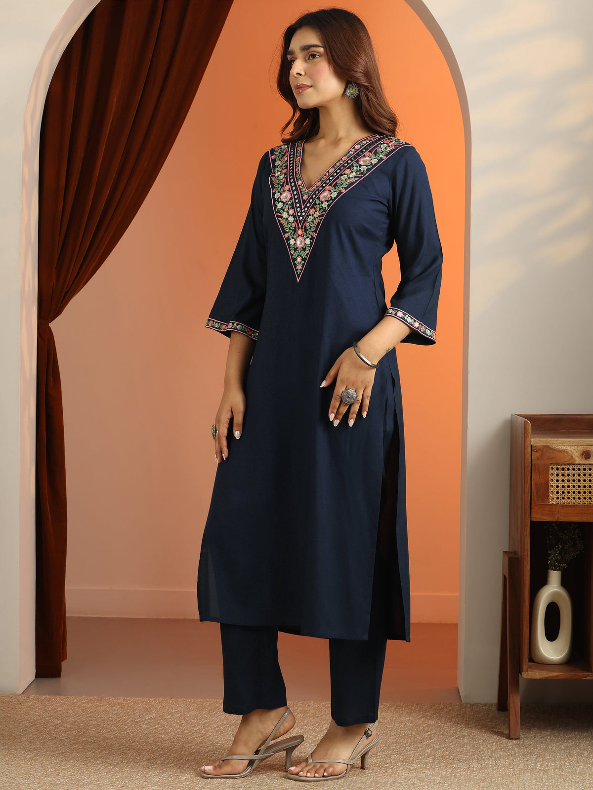 Libas Navy Blue Embroidered Rayon Straight Suit Set With Dupatta
