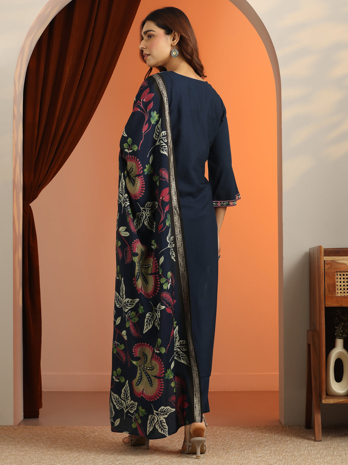 Libas Navy Blue Embroidered Rayon Straight Suit Set With Dupatta