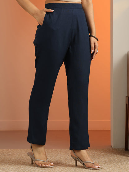 Libas Navy Blue Embroidered Rayon Straight Suit Set With Dupatta