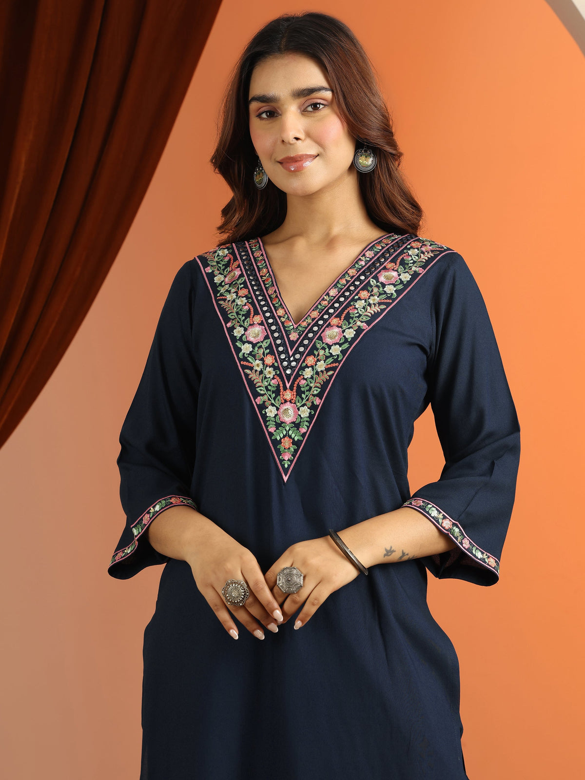 Libas Navy Blue Embroidered Rayon Straight Suit Set With Dupatta