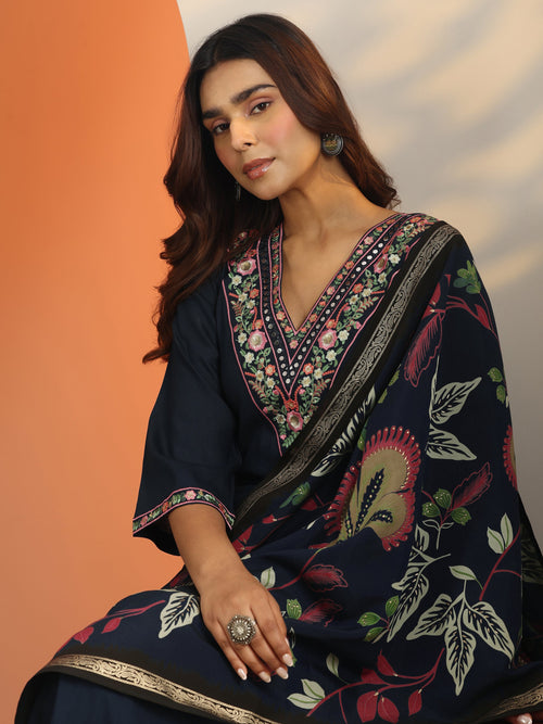 Libas Navy Blue Embroidered Rayon Straight Suit Set With Dupatta