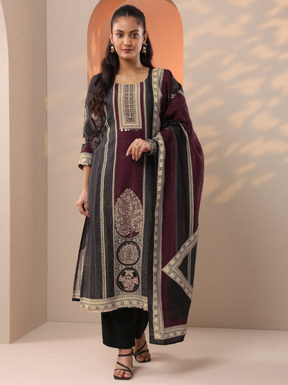 Libas Black Printed Silk Blend Straight Suit Set With Dupatta