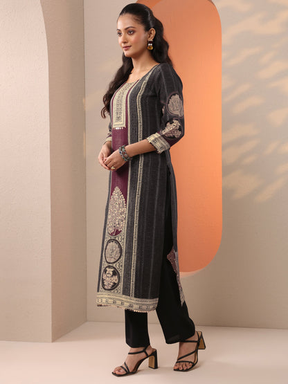 Libas Black Printed Silk Blend Straight Suit Set With Dupatta
