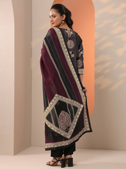 Libas Black Printed Silk Blend Straight Suit Set With Dupatta