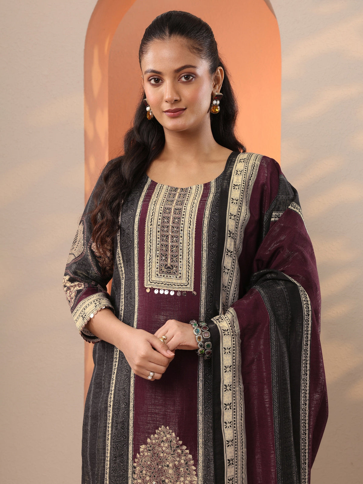 Libas Black Printed Silk Blend Straight Suit Set With Dupatta