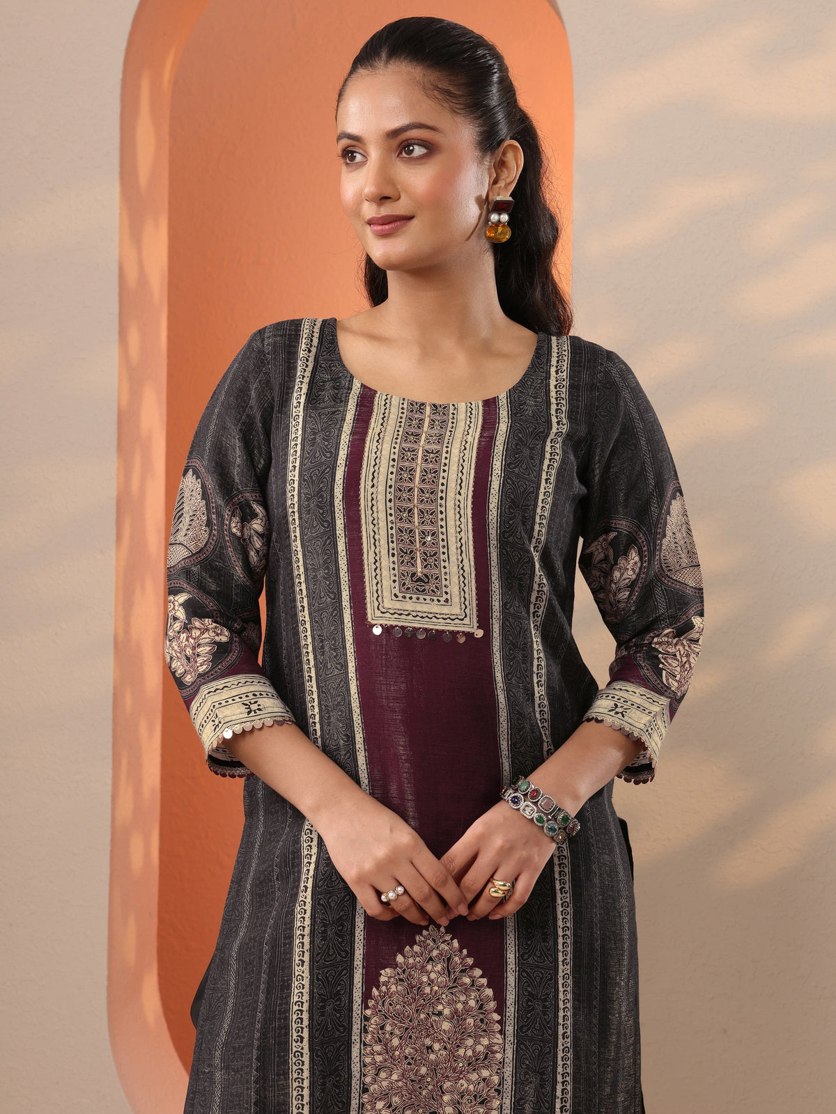 Libas Black Printed Silk Blend Straight Suit Set With Dupatta