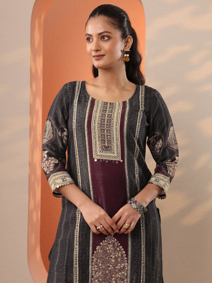 Libas Black Printed Silk Blend Straight Suit Set With Dupatta