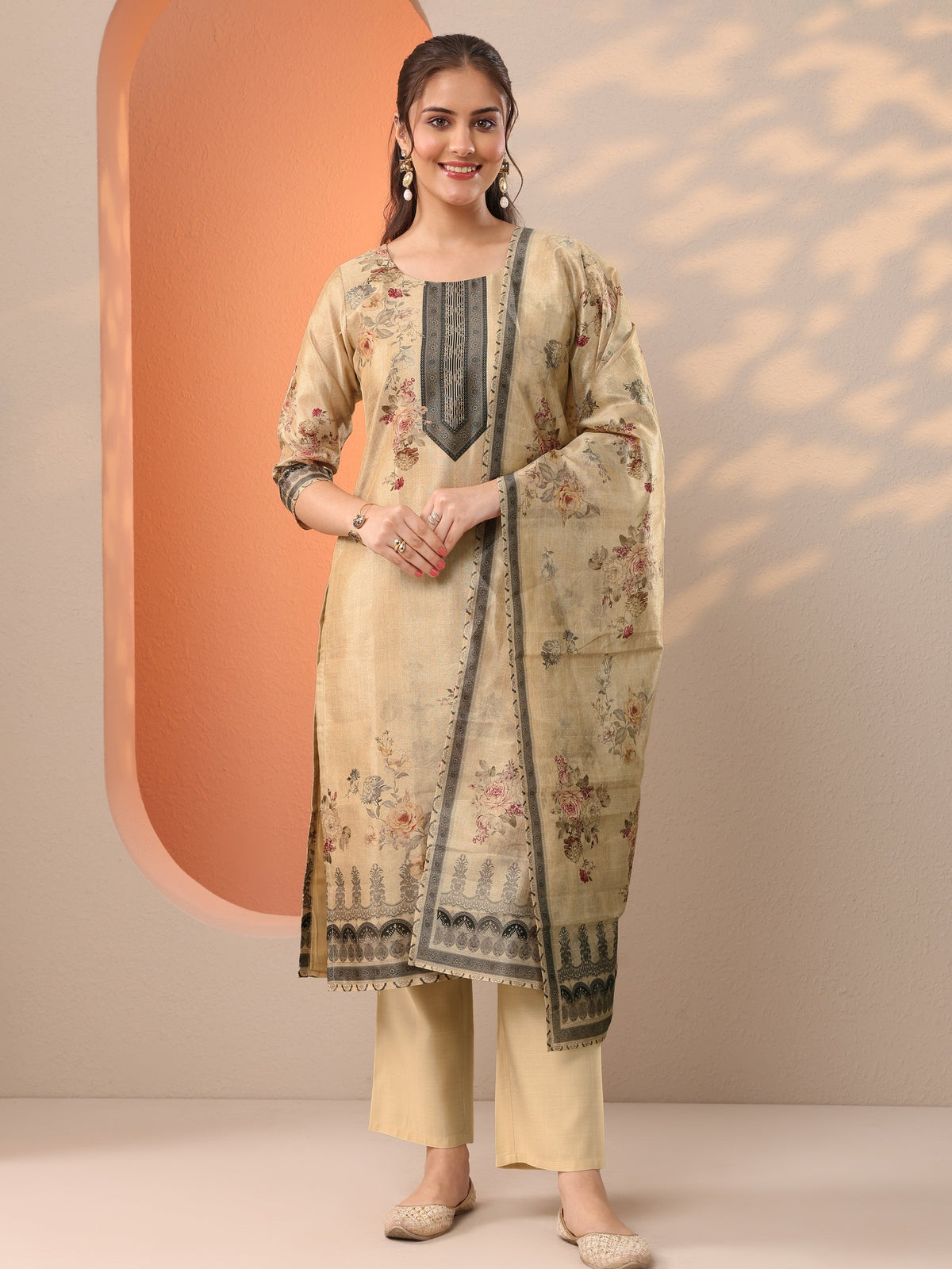 Libas Beige Printed Silk Blend Straight Suit Set With Dupatta