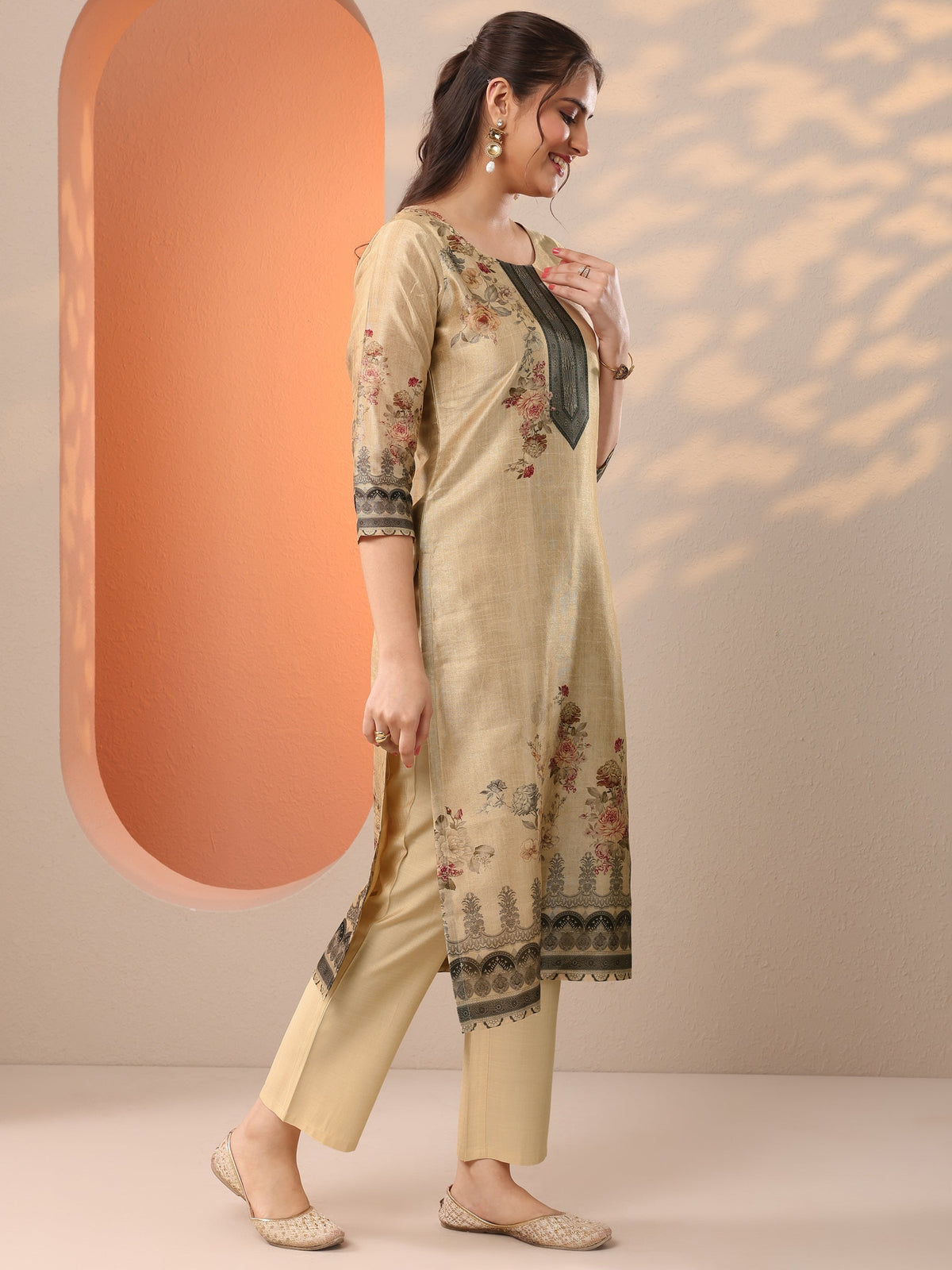 Libas Beige Printed Silk Blend Straight Suit Set With Dupatta