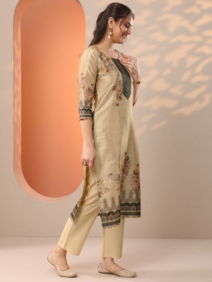 Libas Beige Printed Silk Blend Straight Suit Set With Dupatta