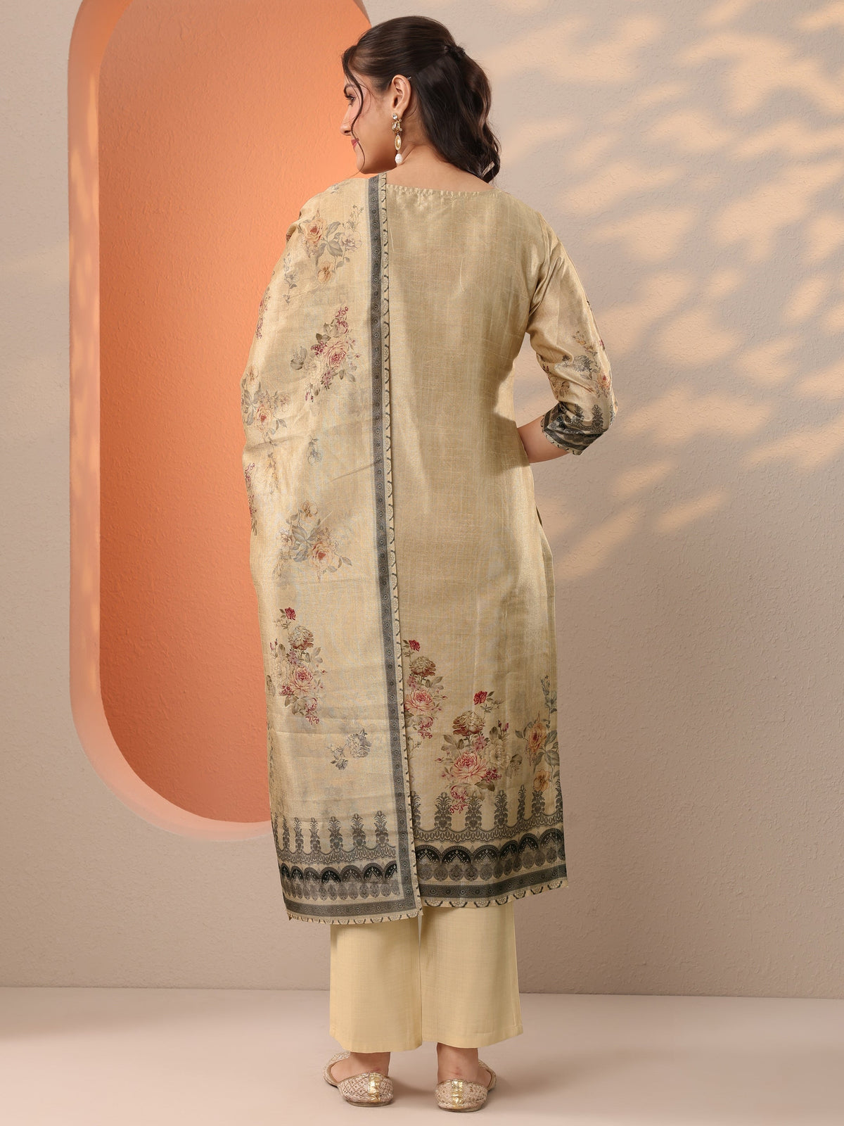 Libas Beige Printed Silk Blend Straight Suit Set With Dupatta