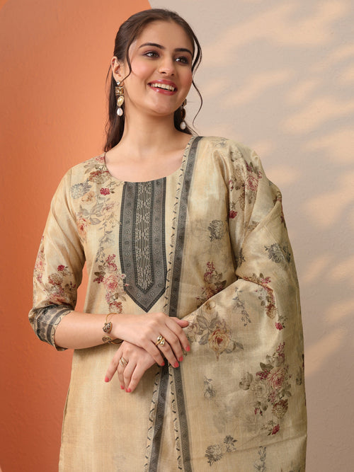 Libas Beige Printed Silk Blend Straight Suit Set With Dupatta