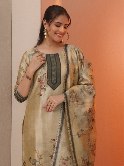Libas Beige Printed Silk Blend Straight Suit Set With Dupatta