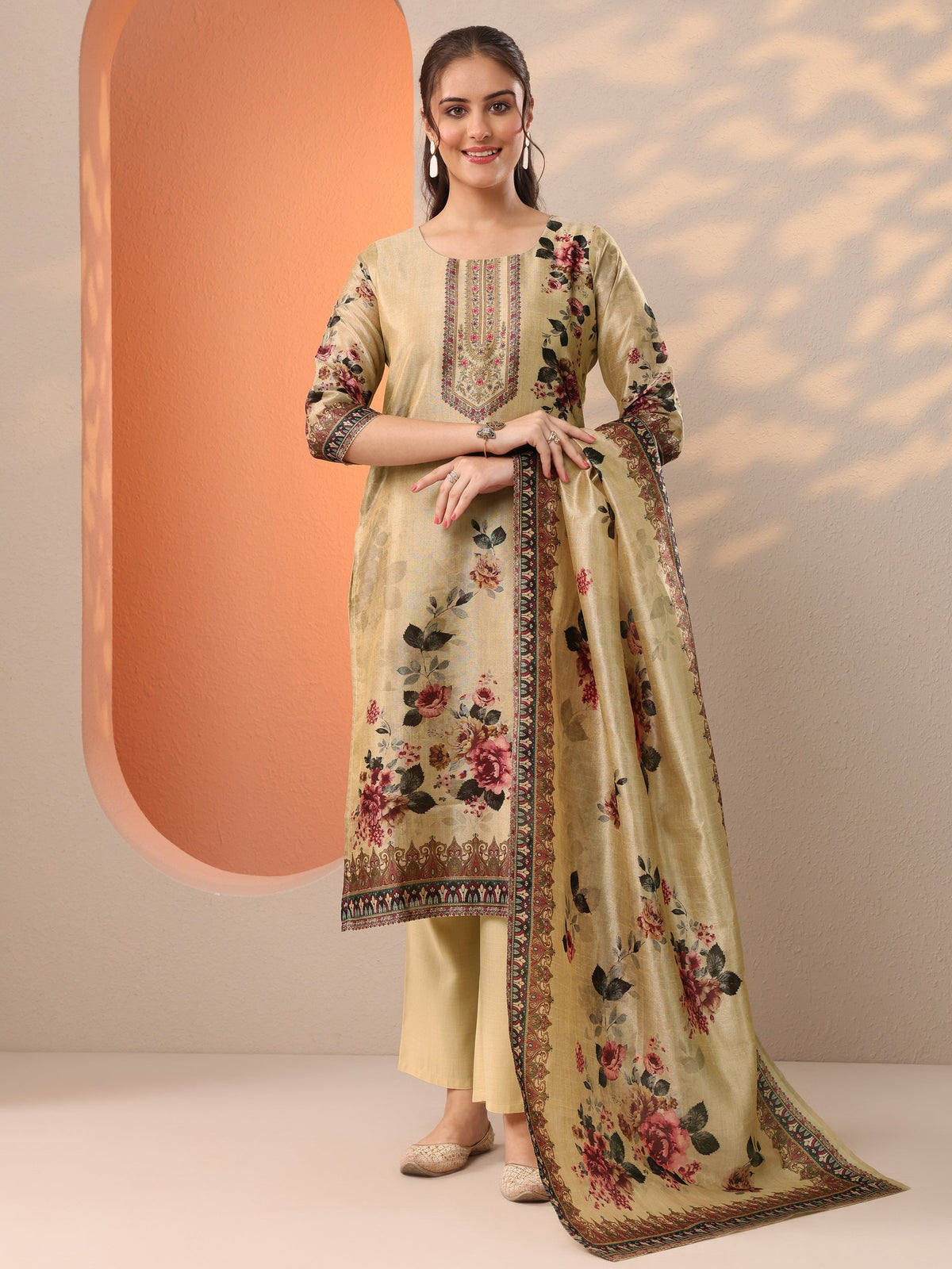 Libas Beige Printed Silk Blend Straight Suit Set With Dupatta