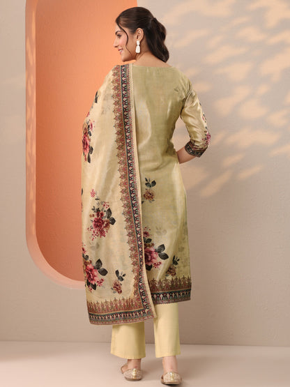 Libas Beige Printed Silk Blend Straight Suit Set With Dupatta