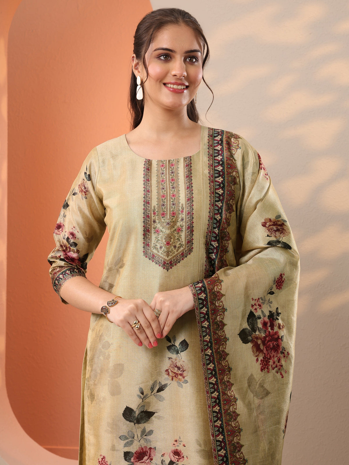 Libas Beige Printed Silk Blend Straight Suit Set With Dupatta