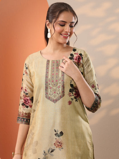 Libas Beige Printed Silk Blend Straight Suit Set With Dupatta