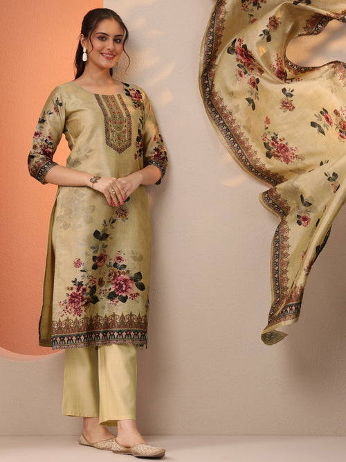 Libas Beige Printed Silk Blend Straight Suit Set With Dupatta