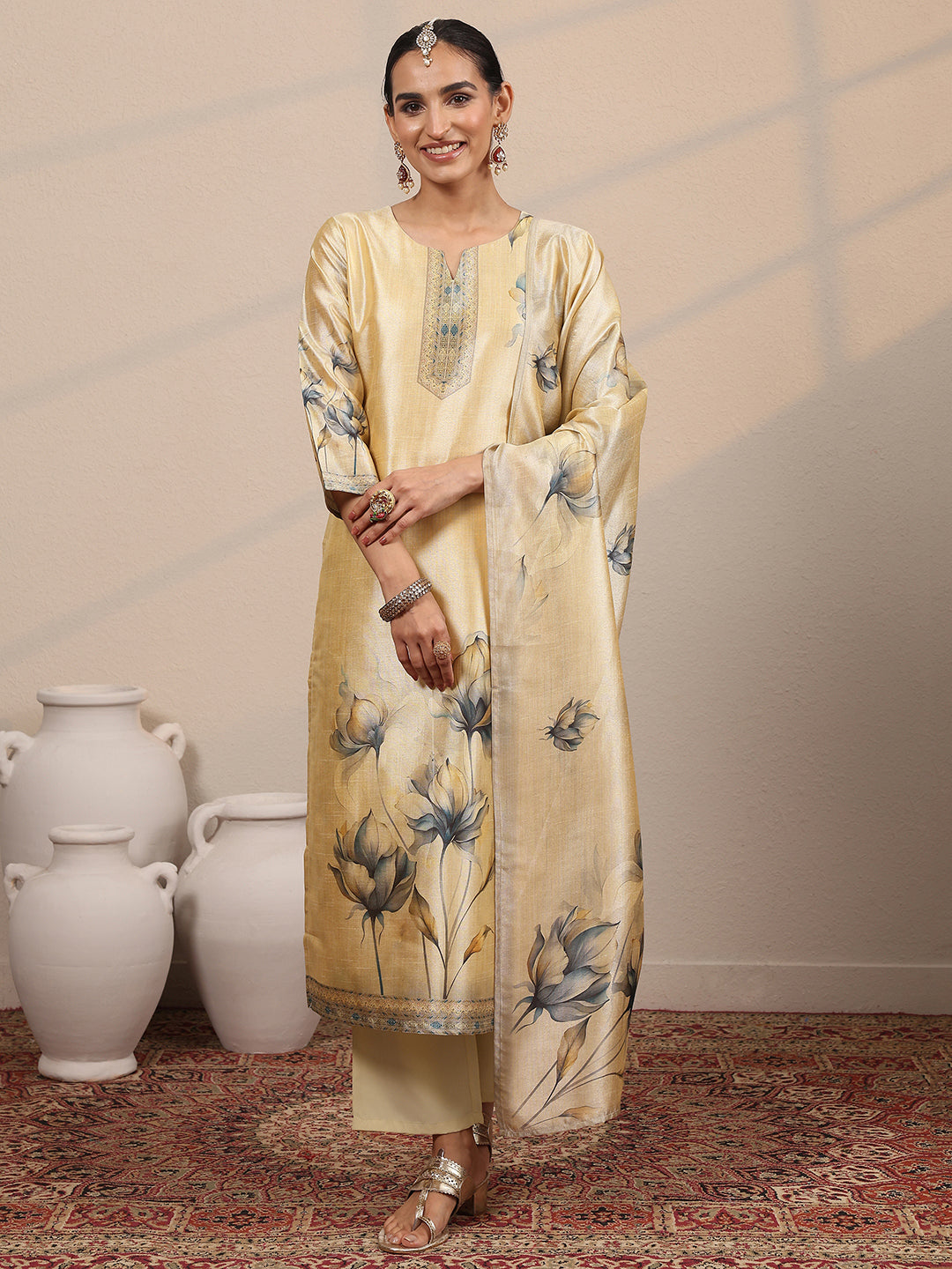 Libas Beige Printed Silk Blend Straight Suit Set With Dupatta