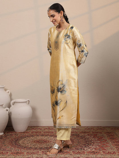 Libas Beige Printed Silk Blend Straight Suit Set With Dupatta
