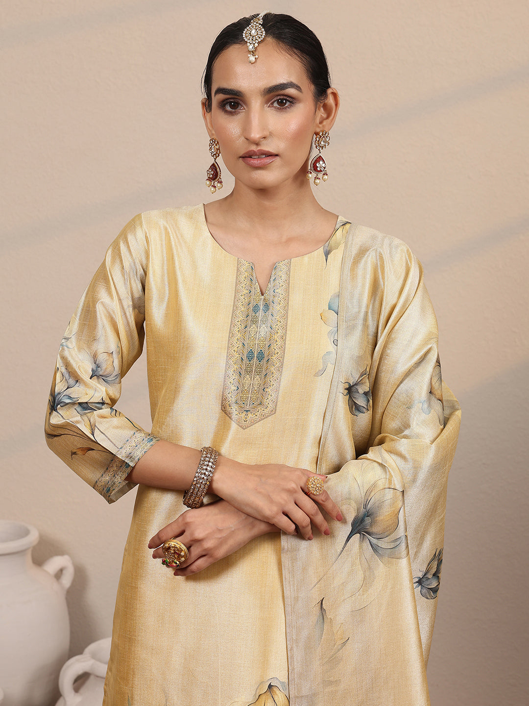 Libas Beige Printed Silk Blend Straight Suit Set With Dupatta