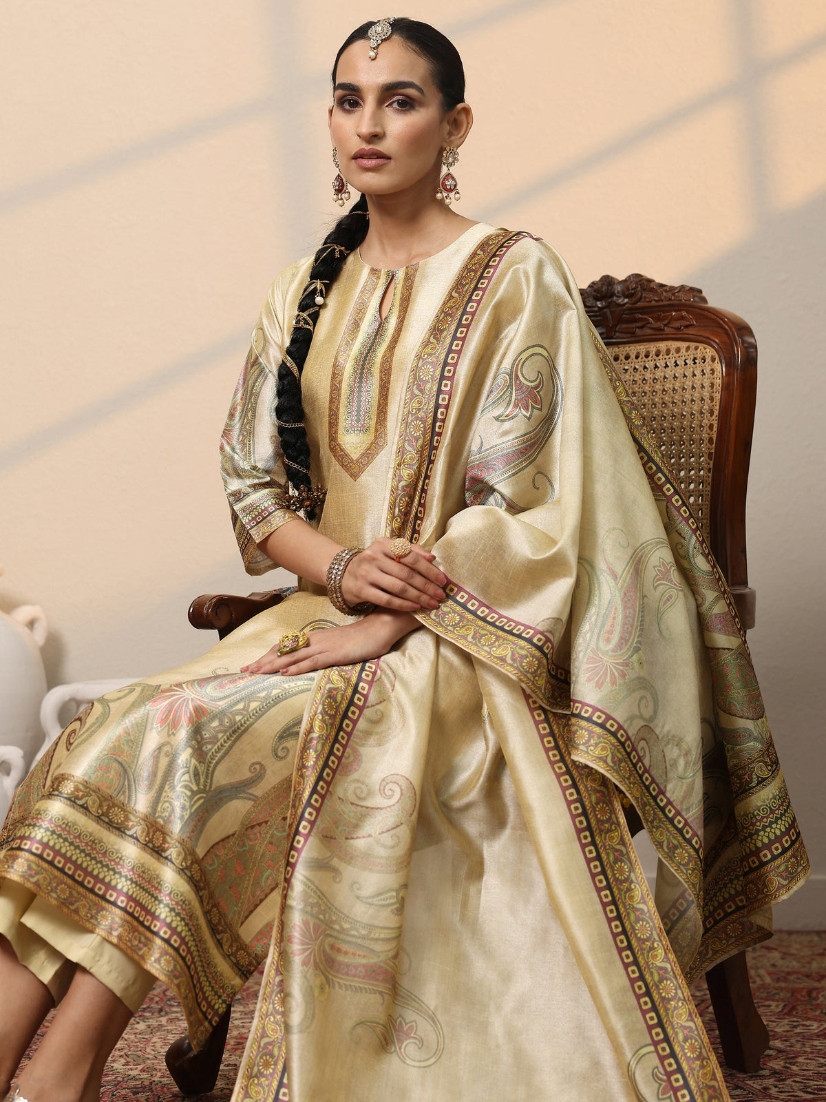 Libas Beige Printed Silk Blend Straight Suit Set With Dupatta