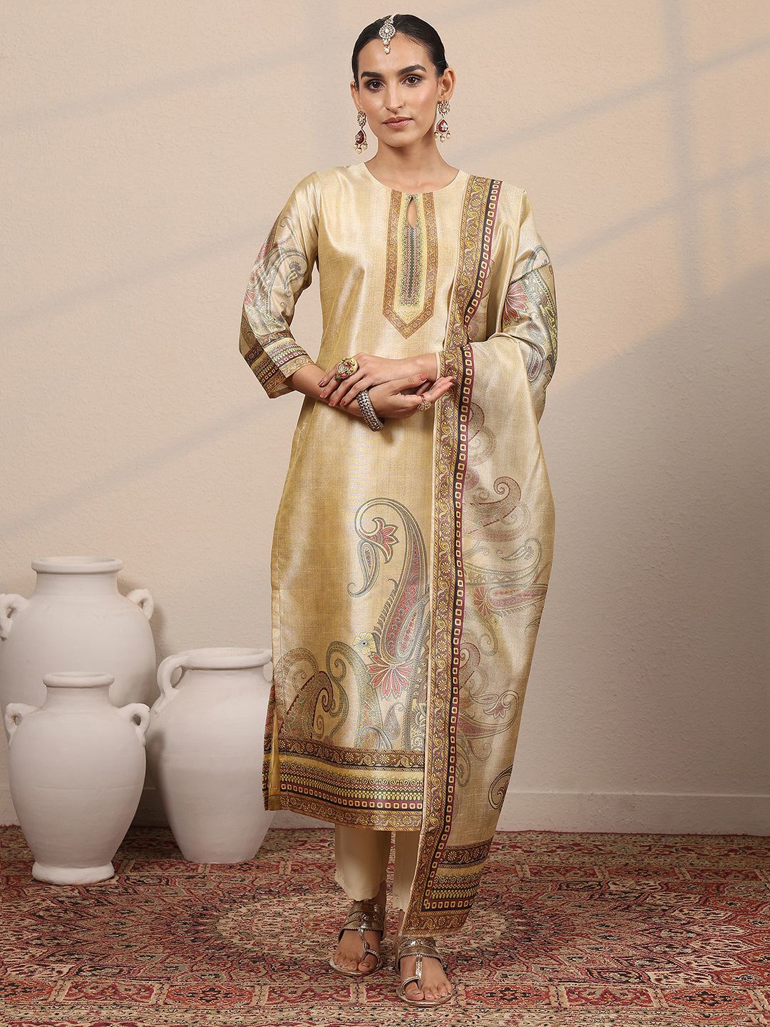 Libas Beige Printed Silk Blend Straight Suit Set With Dupatta