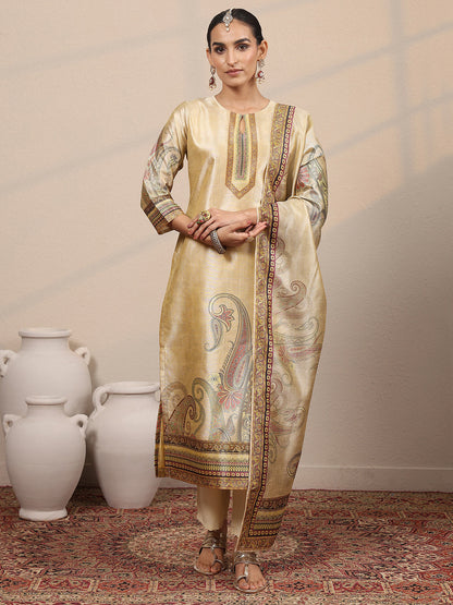 Libas Beige Printed Silk Blend Straight Suit Set With Dupatta