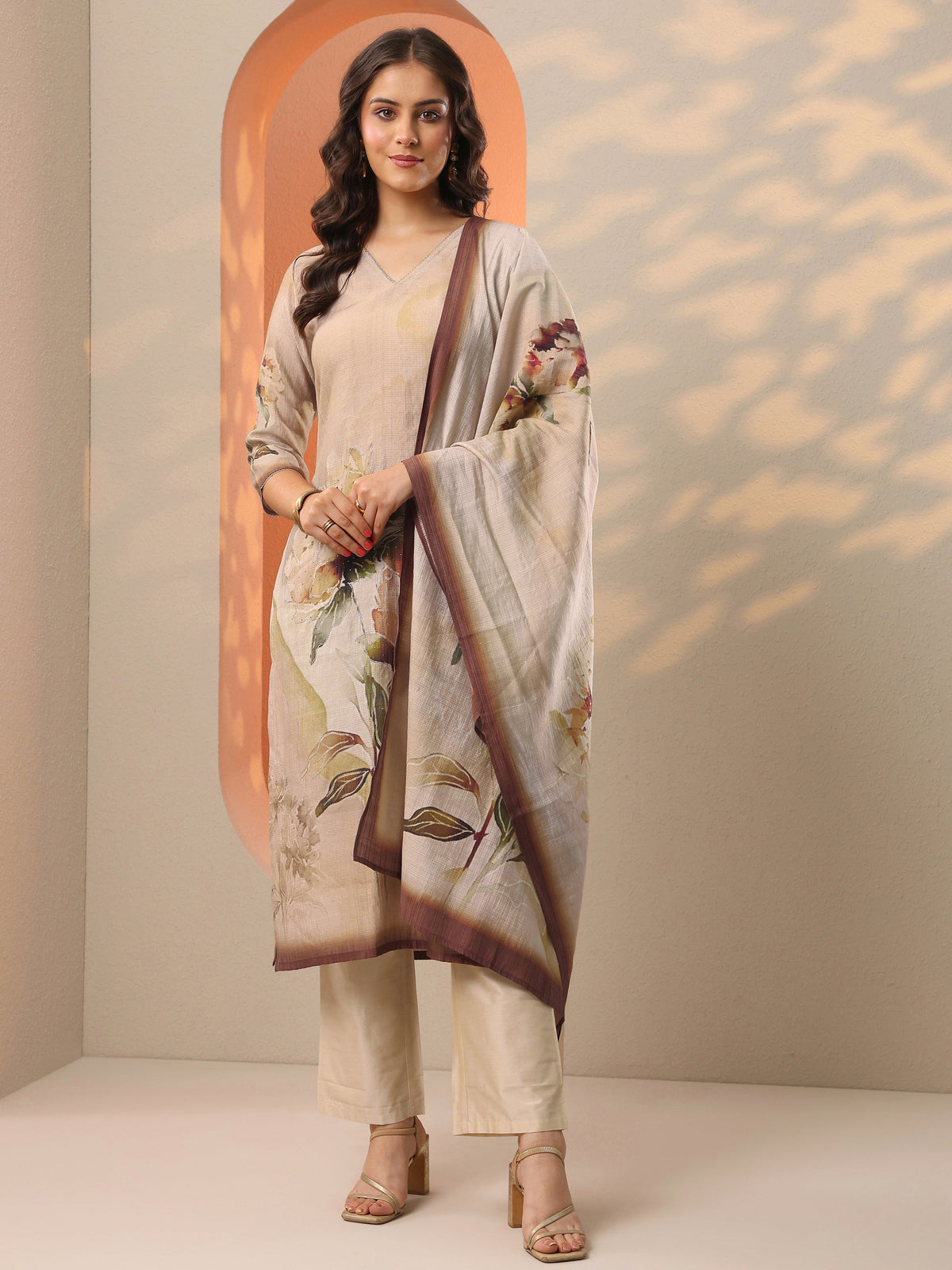 Libas Beige Printed Silk Blend Straight Suit Set With Dupatta