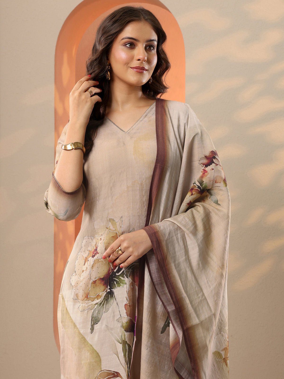 Libas Beige Printed Silk Blend Straight Suit Set With Dupatta