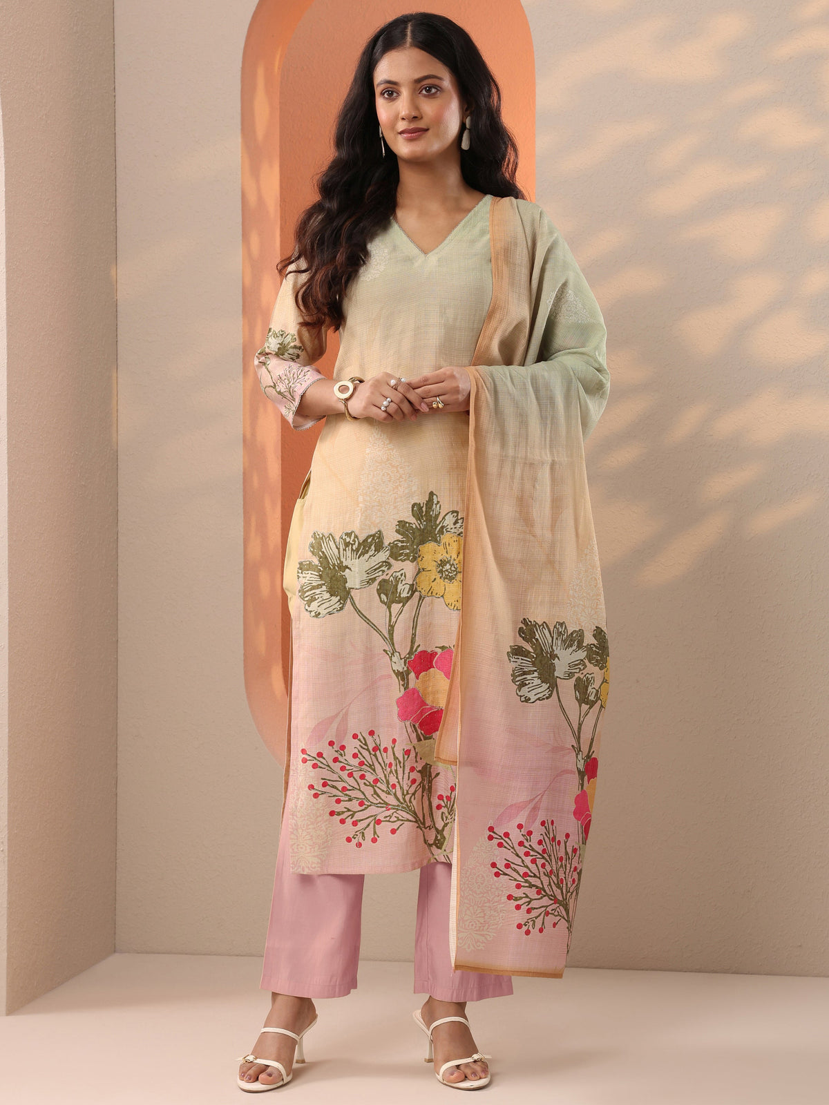 Libas Beige Printed Silk Blend Straight Suit Set With Dupatta