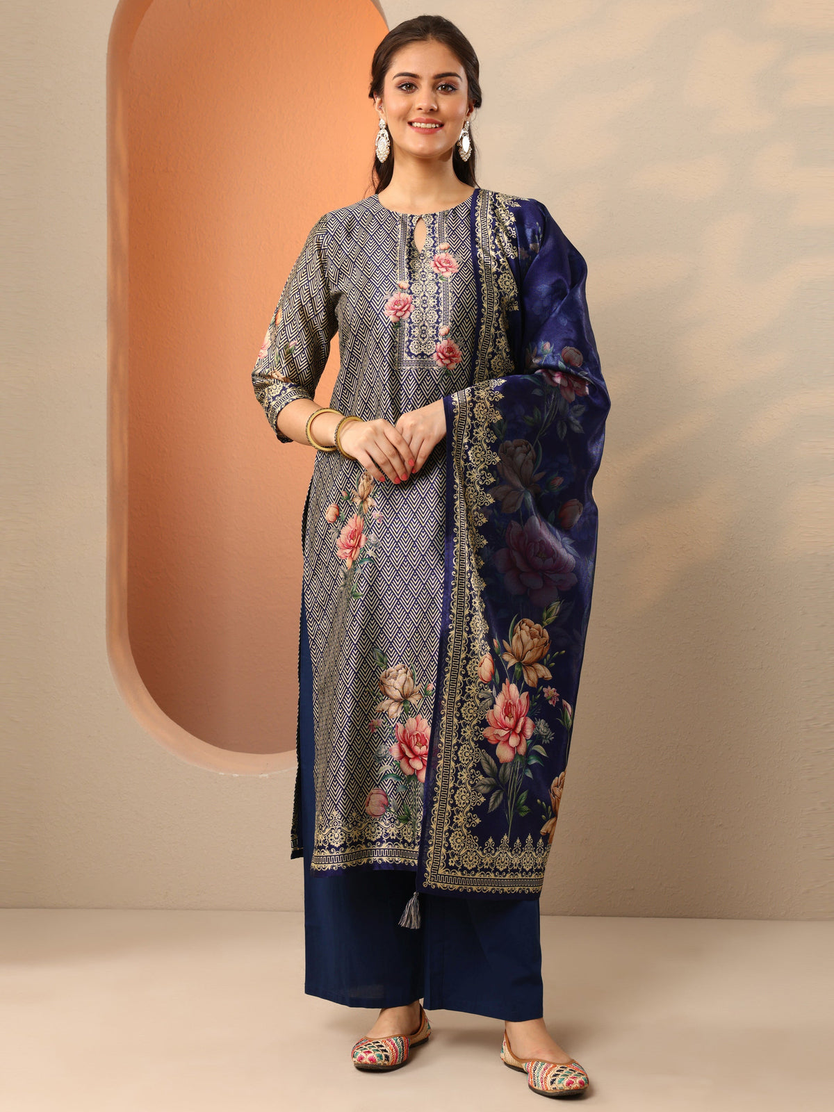 Libas Navy Blue Printed Silk Blend Straight Suit Set With Dupatta